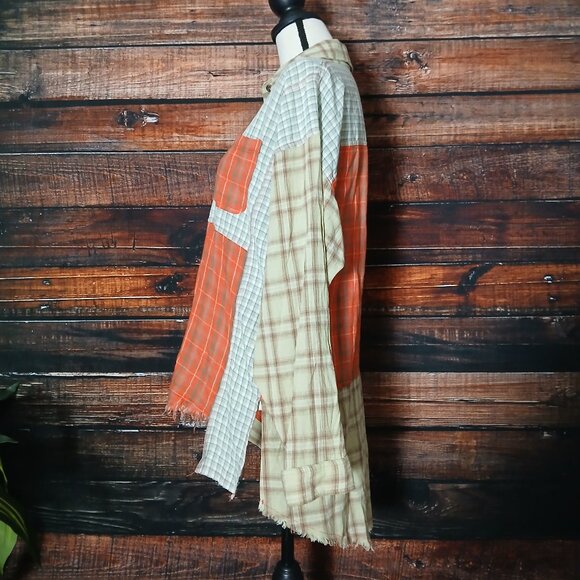 Easel Top S Patchwork Distressed Button Front Asymmetrical Fringe Plaid Shirt - Picture 7 of 9